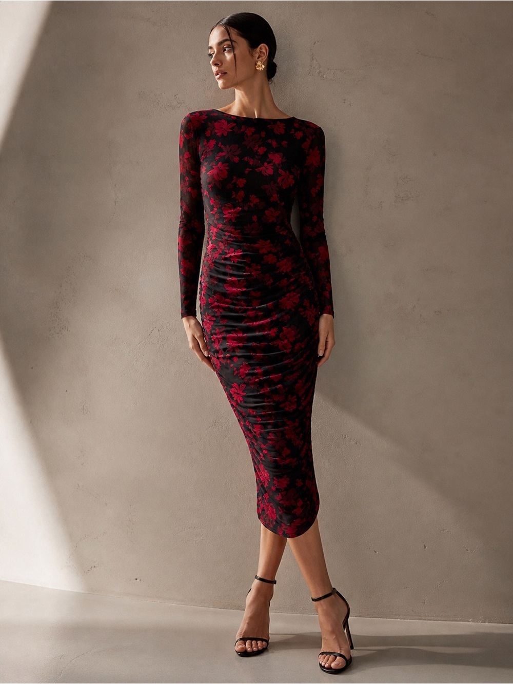 Suzy Shier Black & Red Floral Ruched Dress XL NWT Elegant Bodycon
